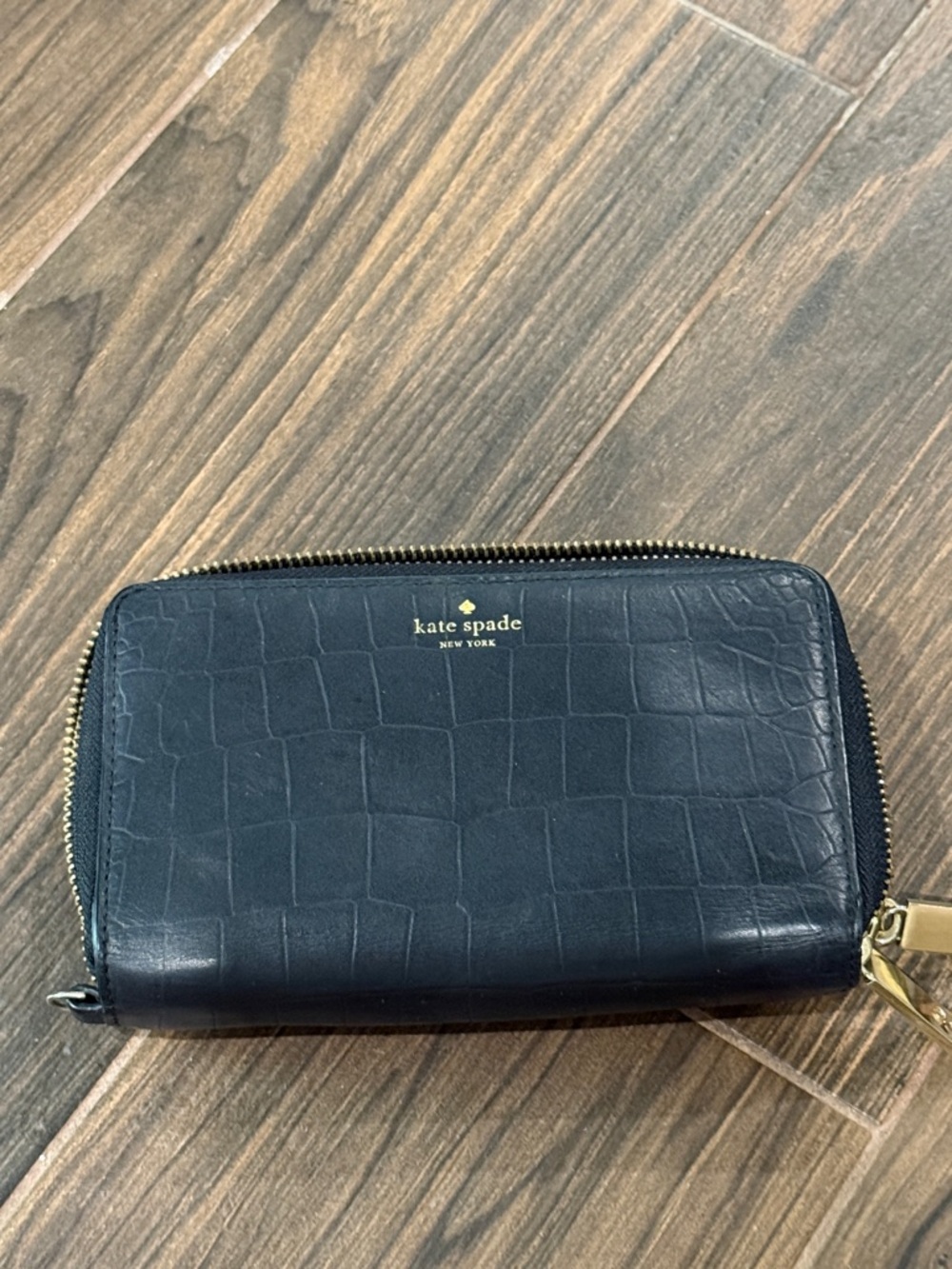kate spade black croc-embossed zip-around wallet with gold hardware